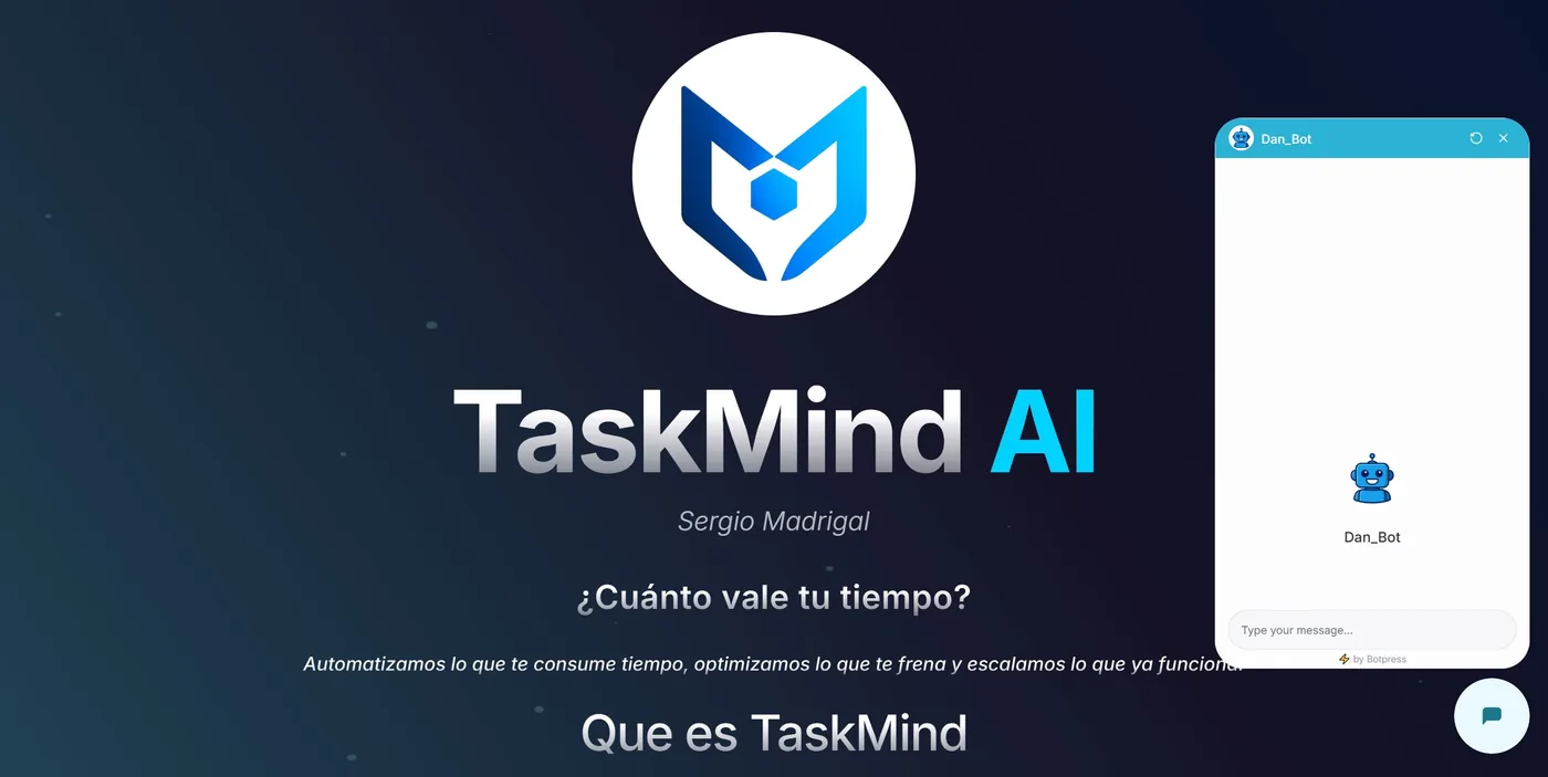 Dan, el chatbot de TaskMind, integrado en la web